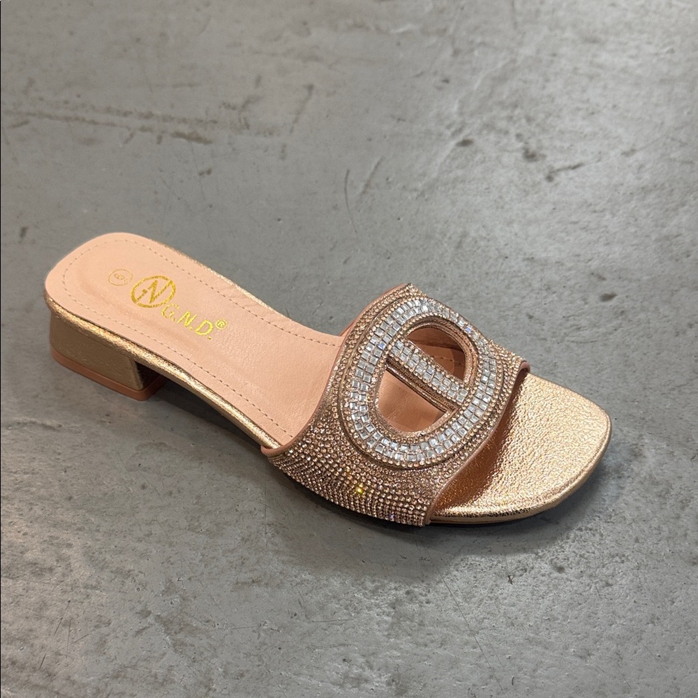 Nina Metallic Rose Gold Crystal Slide Mule